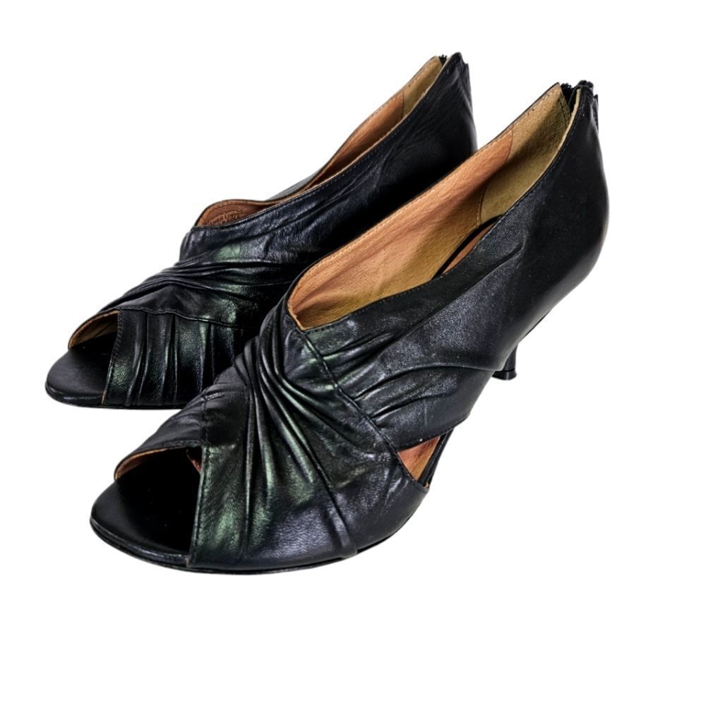 Corso Como Black Leather Draped Ruched Soft Zip Back Pumps Peep Toe Booties 8.5